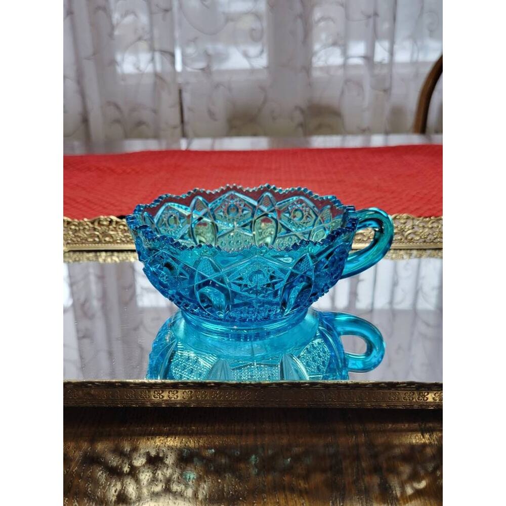 Vintage Blue Nappy Bowl, Smith Glass Heritage Quintec, Sawtooth Stars Panels